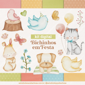 Kit Digital Bichinhos em Festa – Cliparts em aquarela