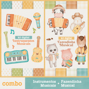 COMBO – Kit Digital Instrumentos Musicais + Kit Fazendinha Musical – Cliparts em aquarela