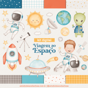 COMBO – Kit Digital Viagem ao Espaço + Kit Digital Viagem ao Espaço (Candy) – Cliparts em aquarela