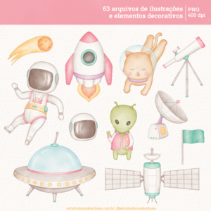 Kit Digital Viagem ao Espaço (Candy) – Cliparts em aquarela