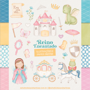 ILUSTRAÇÕES E PAPÉIS – Kit Reino Encantado – Cliparts em aquarela