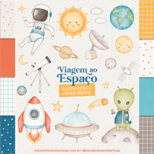 ILUSTRAÇÕES E PAPÉIS – Kit Viagem ao Espaço – Cliparts em aquarela