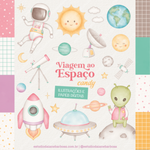 ILUSTRAÇÕES E PAPÉIS – Kit Viagem ao Espaço (Candy) – Cliparts em aquarela