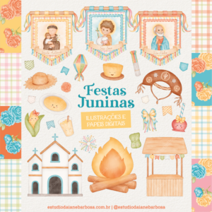 ILUSTRAÇÕES E PAPÉIS – Kit Festas Juninas – Cliparts em aquarela