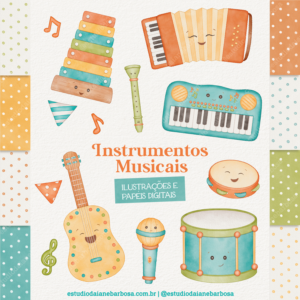 ILUSTRAÇÕES E PAPÉIS – Kit Instrumentos Musicais – Cliparts em aquarela