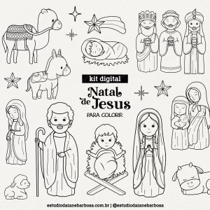 Kit Digital Natal de Jesus – Para colorir – Cliparts em aquarela