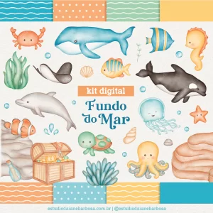 COMBO – Kit Digital Fundo do Mar + Kit Digital Fundo do Mar (Candy) – Cliparts em aquarela