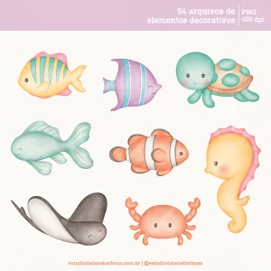 Kit Digital Fundo do Mar (Candy) – Cliparts em aquarela