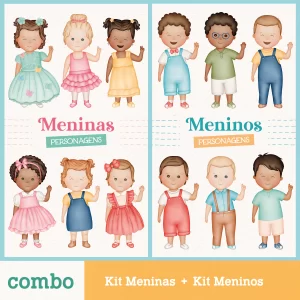 COMBO – Kit Meninas + Kit Meninos – Cliparts em aquarela