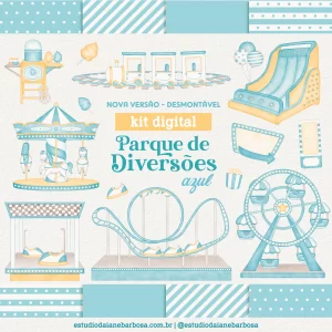 Kit Digital Parque de Diversões (Azul) – Nova Versão – Cliparts em aquarela