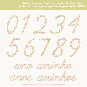 Kit Digital Alfabeto Florido – APENAS NÚMEROS – Cliparts em aquarela